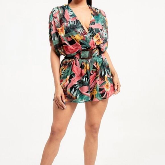 Tropical Kimono Chiffon Romper - Picture 1 of 10